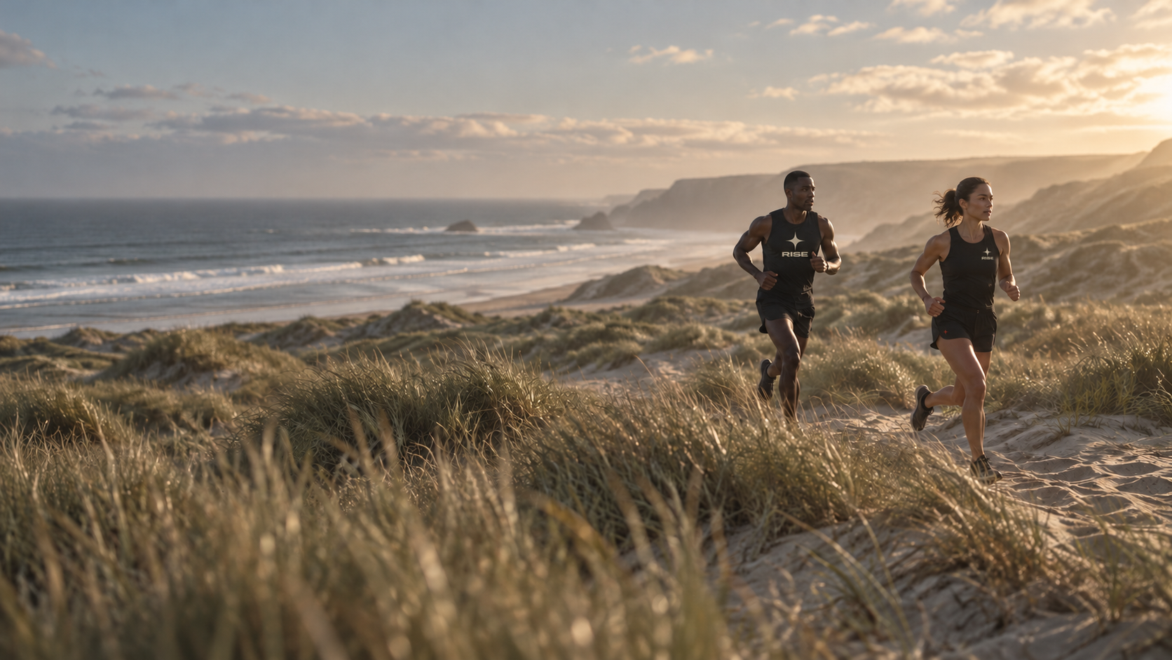 Deux coureurs dans les dunes au lever du jour. Visuel de campagne illustratif.